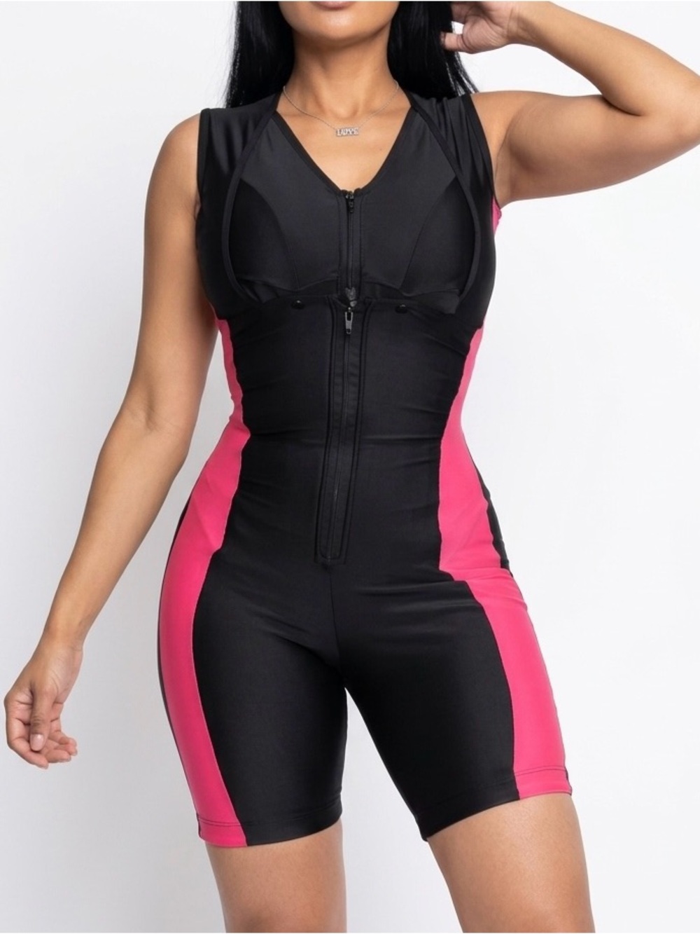 Women’s Black & Pink Athletic Zip-Front Shorts Romper